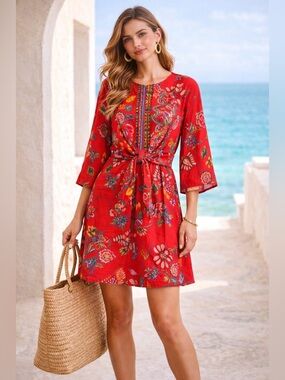 Desigual Red Floral Dress Tie Waist Boho Mini Size 38 EU 6 Statement
